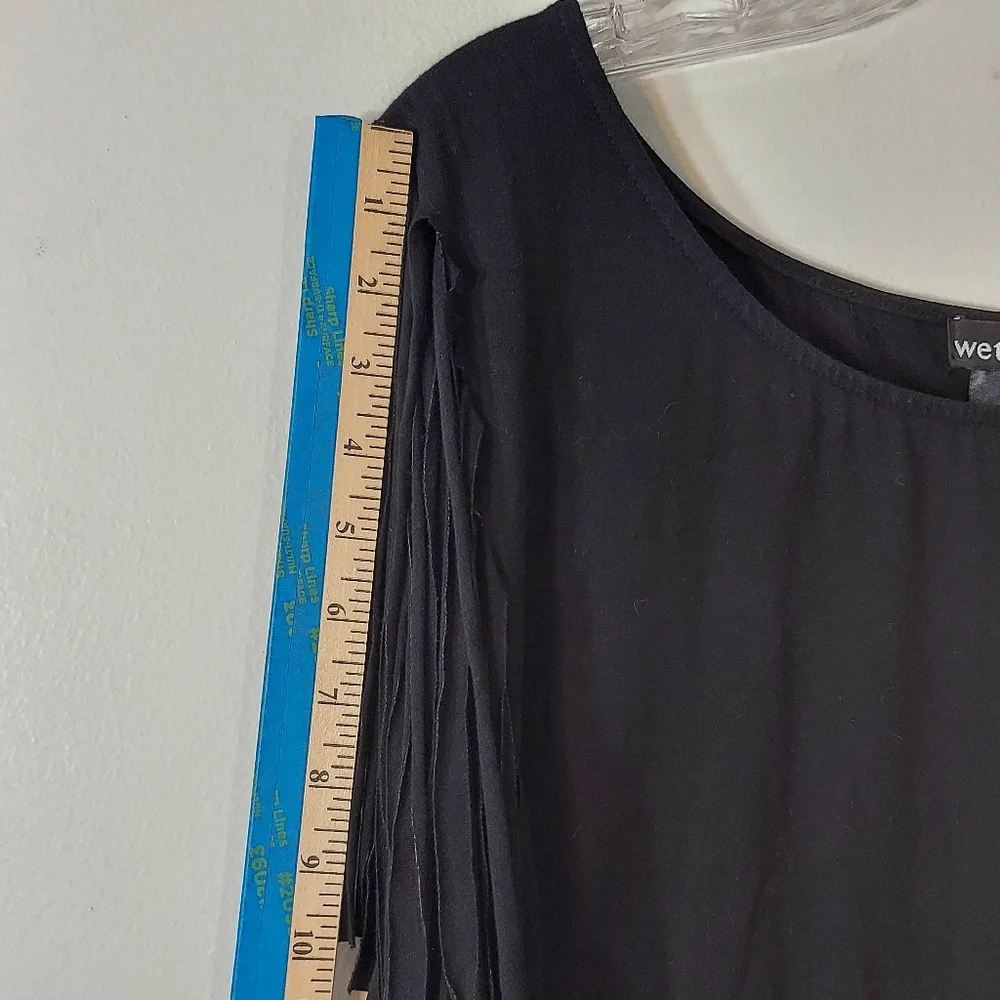 WetSeal Women's Black Tie Dye Bleached Shirt with Fun Fringe Cut Sleeves - Picture 10 of 15